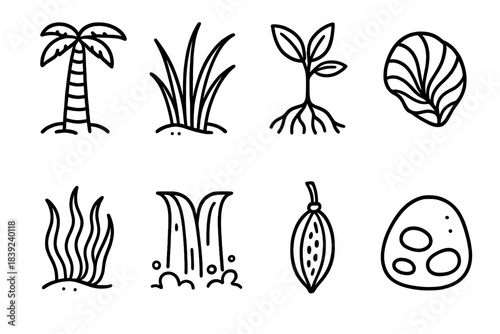 Tropical Habitat Icons. Warm-Climate Habitat Set linear set: palm trunk, beach grass, mangrove sprout, colorful shell, rainforest moss, waterfall spray, tropical seed pod, reef