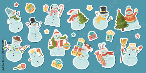 Christmas snowmen sticker set. Fun winter characters for New Year and Christmas. Cartoon vector illustration.