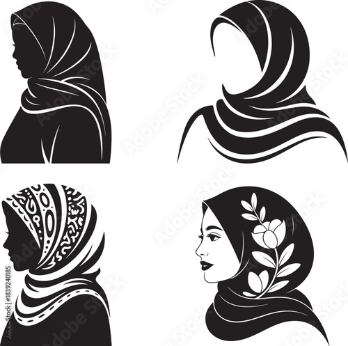 Diverse muslim woman silhouette portraits showcase hijab styles against white background, transparent background