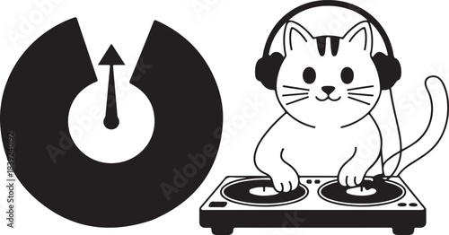 Cute tabby cat wearing headphones is a DJ playing music on a turntable