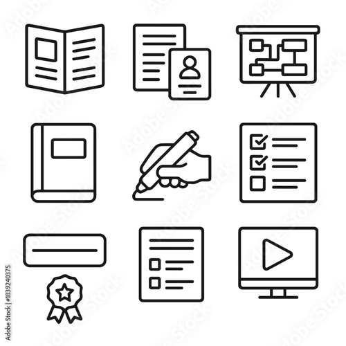 Training Toolkit Icons. Training Toolkit Elements linear set: instruction booklet, module outline page, trainer ID, board diagram, exercise book, highlight pointer, assessment