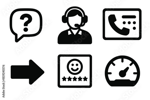 Bold Service Icons. Service Interaction Tools silhouette set: inquiry bubble, support representative icon, call center panel, help arrow, user feedback tile, response dial.