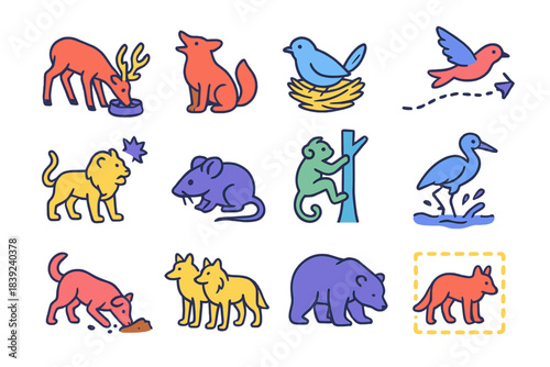 Animal Behavior Icons. Animal Behavior Concepts isometric flat set: feeding stance, alert call, nesting build, migration route, dominance display, curious sniff, climbing icon,