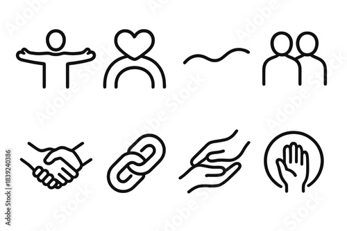 Emotional Connection Icons. Emotional Bonding Symbols linear set: open arms, heart bridge, gentle wave, paired silhouettes, soft glow circle, trust emblem, close link, caring touch