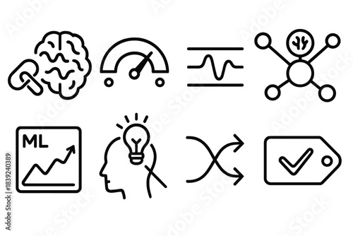 Digital Concept Icons. Neuro-digital harmony themes linear set: brainwave link tile, interface arc, signal merge bar, cognitive node, ML panel, insight beam, synergy path, result