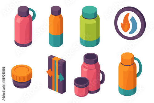 Colorful Thermos Set. Thermos Bottle Set flat isometric set: insulated flask, stainless steel bottle, wide-mouth thermos, hot–cold retention icon, secure twist lid, vacuum-sealed