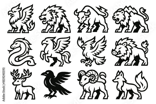 Epic Beast Icons. Epic Beast Guardians linear set: fire griffin, frost wolf, storm bull, mountain lion, river serpent, sky stallion, ember hawk, forest boar, crystal deer, shadow
