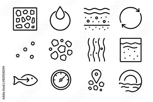 Microplastic Flow Dynamics. Marine Microplastic Dynamics linear set: microplastic fragment tile, water node, sediment bar, turbulent flow ring, particle drift dot, clustering patch