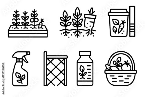 Garden Essentials Icons. Nutritious Garden Setup linear set: veggie patch, herb cluster, compost bin, soil pH strip, natural pest spray, trellis frame, root booster mix, harvest