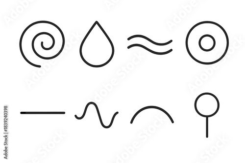 Self-Connection Motifs. Self-connection motifs linear set: tranquil swirl, grounded droplet, smooth-flow bar, centered glow, quiet line, gentle pulse, calm arc, mindful node.