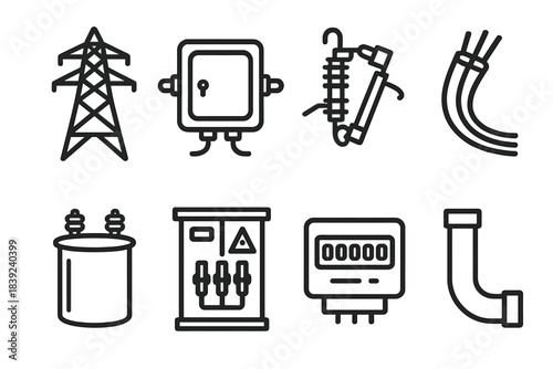 Electrical Grid Icons. Electrical grid components linear set: transmission tower, junction box, fuse cutout, underground cable, transformer drum, switchgear unit, meter display,