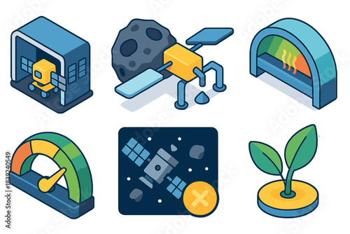 Space Industry Icons. Space industry responsibility systems flat isometric set: satellite production module, asteroid resource node, processing bar, emission control arc, energy