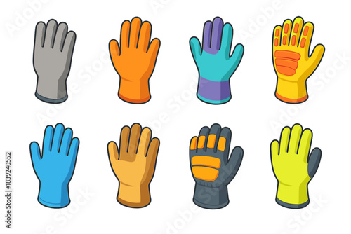 Colorful Safety Gloves Set. Workplace safety gloves flat isometric set: cut-proof glove, thermal glove, chemical barrier glove, shock protection glove, disposable nitrile, leather