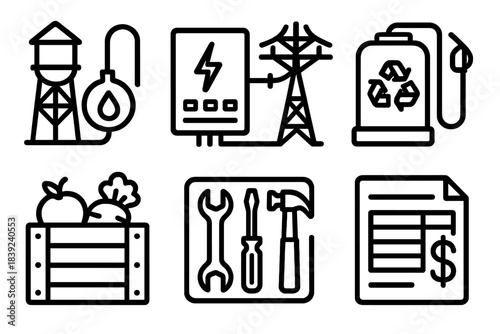 Urban Resource Icons. City Resource Management linear set: water supply node, power grid panel, waste collection bin, recycling center icon, transit fuel depot, food distribution