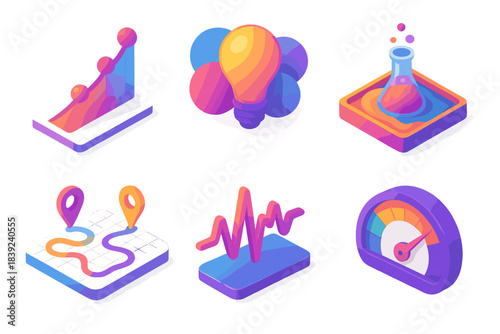 Isometric Innovation Icons. Future Innovation Dynamics flat isometric set: concept evolution curve, hybrid idea cluster, experimental sandbox tile, breakthrough pulse, creative