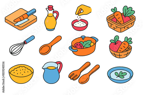 Meal Preparation Icons. Shared Meal Preparation isometric flat set: chopping block, oil cruet, seasoning pinch bowl, shared prep tray, whisk, wooden spoon, shareable casserole,