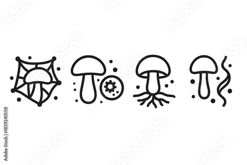 Fungal Detox Icons. Fungus-Based Detox Cycles linear set: pollutant-filter web, decay catalyst mote, soil-renew thread.
