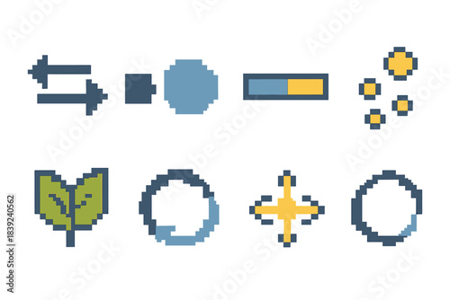 Transformation Icons Set. Transformation Change pixel style set: shifting arrows, morphing shape, transition bar, evolving circle, phase shift icon, renewal leaf, progress arc,