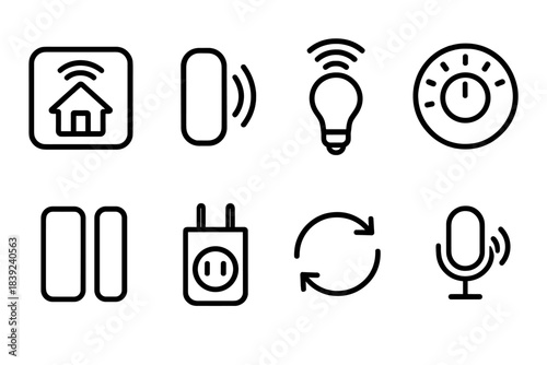 Smart Home Icons. Smart Home Automation Set linear set: smart hub icon, wireless sensor, connected light bulb, thermostat dial, door contact sensor, smart plug, automation arrows,