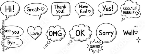 Collection of hand drawn speech bubbles with various greetings and expressions