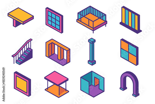 Modern Architecture Icons. Contemporary Architecture Set isometric flat set: cantilever slab, window grid, rooftop deck, hall partition, stair railing, open corridor, structural