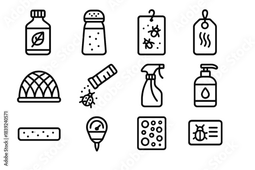 Natural Pest Control Icons. Natural Pest-Control Tools linear set: neem oil bottle, diatomaceous earth shaker, sticky trap sheet, pheromone lure tag, mesh garden cover, beneficial