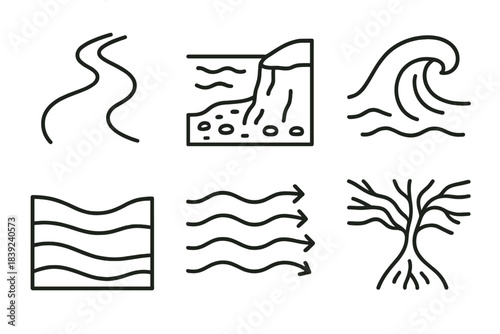 Aquatic Terrain Icons. Water & Terrain Dynamics linear set: flowing river curve, shifting shoreline line, eroded cliff edge, tidal wave form, sediment layer stripe, rocky stream