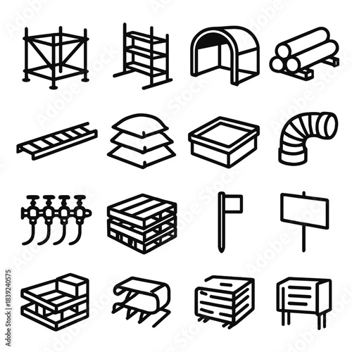 Infrastructure Icon Set. Infrastructure Support Setup linear set: scaffold base, formwork storage rack, equipment shelter, pipe laydown zone, cable tray run, sandbag stack,