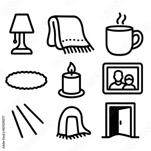 Cozy Home Elements. Warm Home Atmosphere Set linear set: glowing lamp, cozy blanket, steaming mug, soft rug, family photo frame, warm candle, gentle light beam, inviting doorway. [