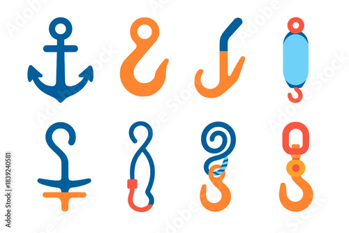 Marine Hook Icons. Marine Hook Set flat set: anchor hook, mooring hook, deck utility hook, fender hook, rope cleat hook, gear-tie hook, docking line hook, marine swivel hook.