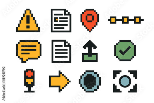 Incident Reporting Icons. Incident Reporting Systems Pack pixel style set: warning icon, report card, event marker, timeline strip, note bubble, documentation sheet, upload symbol,