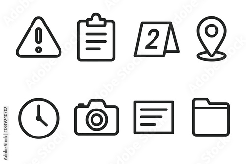 Incident Report Icons. Incident Report Set linear set: alert triangle, clipboard note, evidence marker, location pin, timestamp dot, camera outline, detail line, case file.