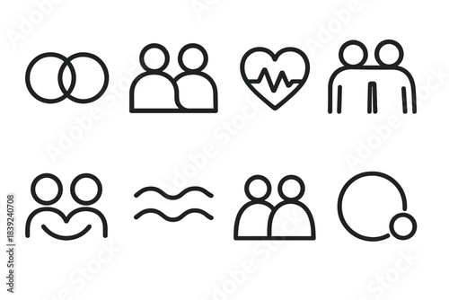 Linked Harmony Icons. Friendly Union linear set: linked loops, shared path line, warm pulse, gentle wave duo, supportive gesture, reflective bead pair, cozy arc, companion dot.