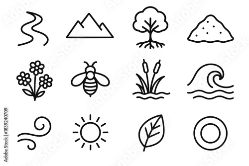 Environmental Balance Icons. Environmental Balance Elements linear set: river flow line, mountain silhouette, rooted tree, healthy soil mound, wildflower cluster, pollinator bee,