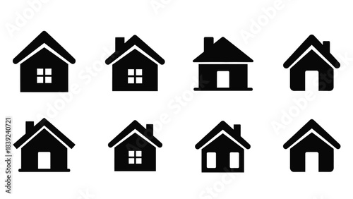 Variety of simple black house icons displayed in a grid arrangement