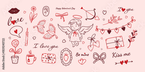 Vintage, hand-drawn cute elements for celebrating Valentine's Day in a sketch style. Line drawing. Angel, heart, ribbon, bow, plants. Vector illustration of a holiday, love.