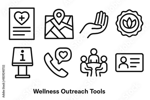 Health Outreach Icons. Wellness Outreach Tools linear set: health flyer, community map, support hand, wellness badge, info kiosk, care hotline icon, group session circle, resource