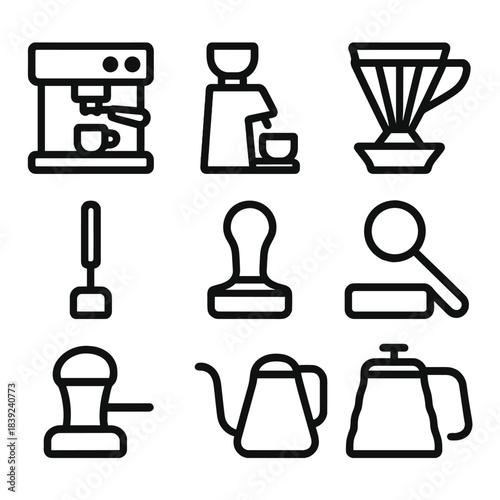 Barista Essentials Icons. Barista toolset linear set: espresso machine tile, grinder bar, dripper tile, French press node, frother stick, tamper pad, coffee scoop, kettle handle.