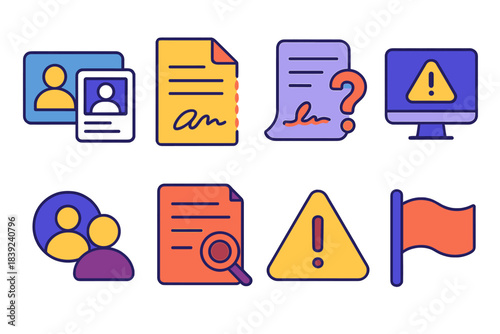 Identity Fraud Warning Icons. Identity Fraud Indicators isometric flat set: mismatched photo ID, altered document edge, suspicious signature, unexpected account alert, duplicate