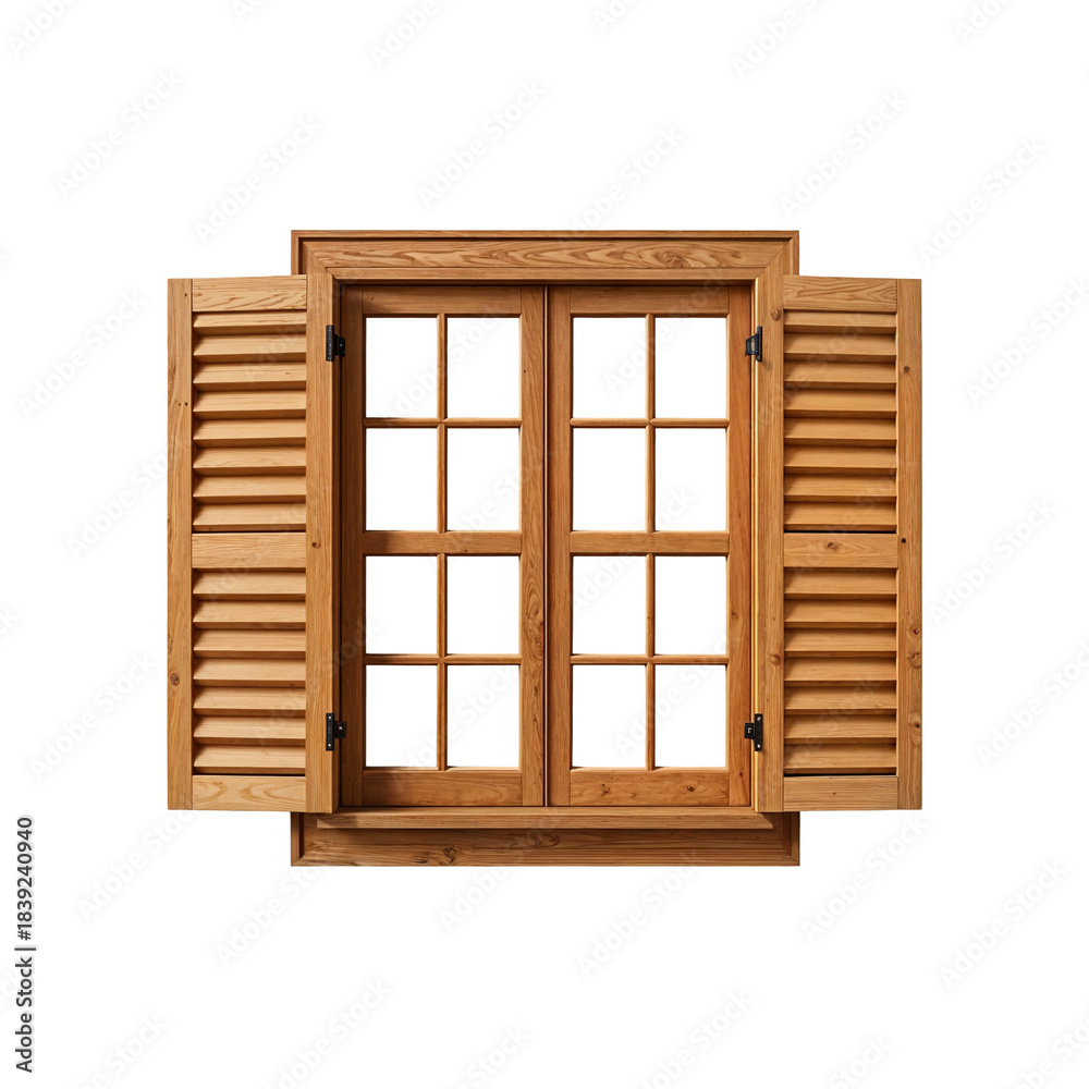 Obraz premium Wooden Window with Open Louvered Shutters
