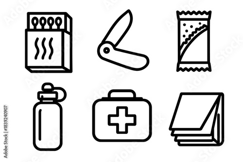 Emergency Survival Essentials. Essential Crisis Gear linear set: waterproof matches, foldable knife, energy snack, hydration canister, mini med kit, heat sheet.