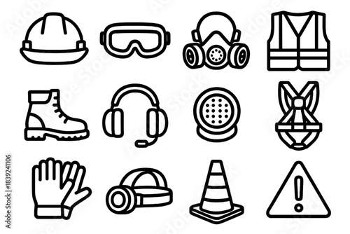 Safety Gear Icons. Mining and Construction Safety Gear linear set: hard hat, safety goggles, respirator mask, high-visibility vest, steel-toe boots, ear protection, dust filter,