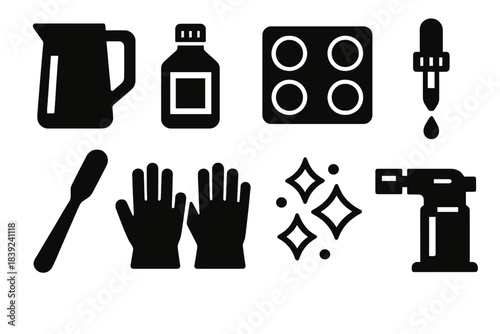 Bold Resin Craft Icons. Resin Craft Set silhouette set: resin jug, catalyst bottle, silicone mold tray, pigment ink dropper, mixing spatula, protective gloves, glitter flakes,