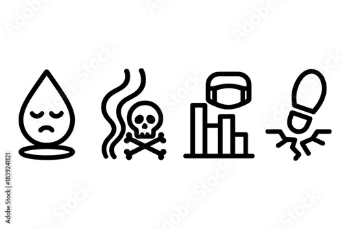 Silent Environmental Icons. Stealth Environmental Hazards linear set: silent seep droplet, obscured contaminant trail, masked impact bar.