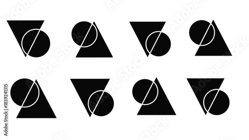 Abstract geometric shapes circles triangles and diagonal lines in a black and white composition