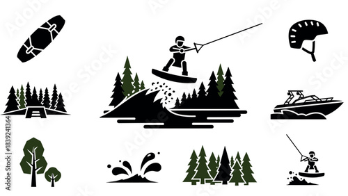 Adventure watersports: wakeboarding silhouettes and nature elements collection