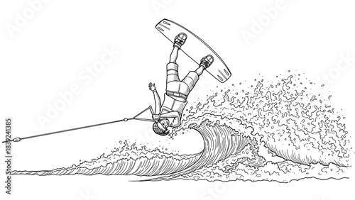 Dynamic wakeboarding trick: intricate outline of athlete performing flip