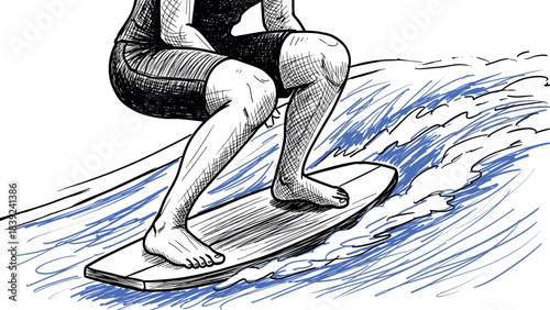 Dynamic black and white surfer sketch riding ocean wave