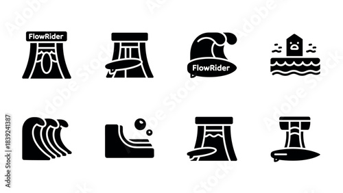 Surf park icon set: black silhouette symbols of waves and surfing attractions