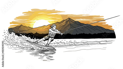 Dynamic wakeboarding adventure at sunset with mountain backdrop